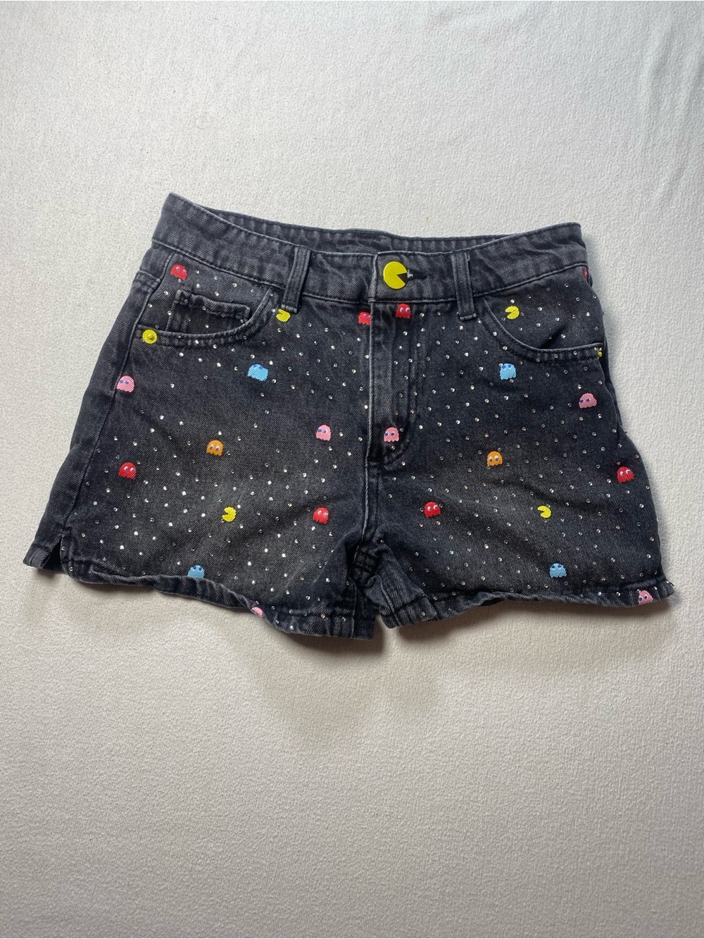 Justice Pac-Man Black Denim Shorts with Colorful Game Print